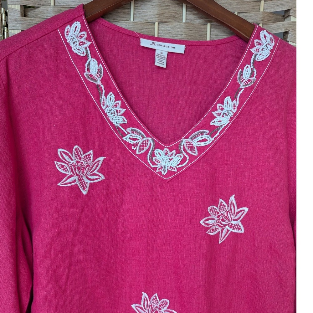 Pink Linen Tunic Top Beaded Floral Embroidery 3/4 Sleeve Women Sz 18 Resortwear - Picture 2 of 7